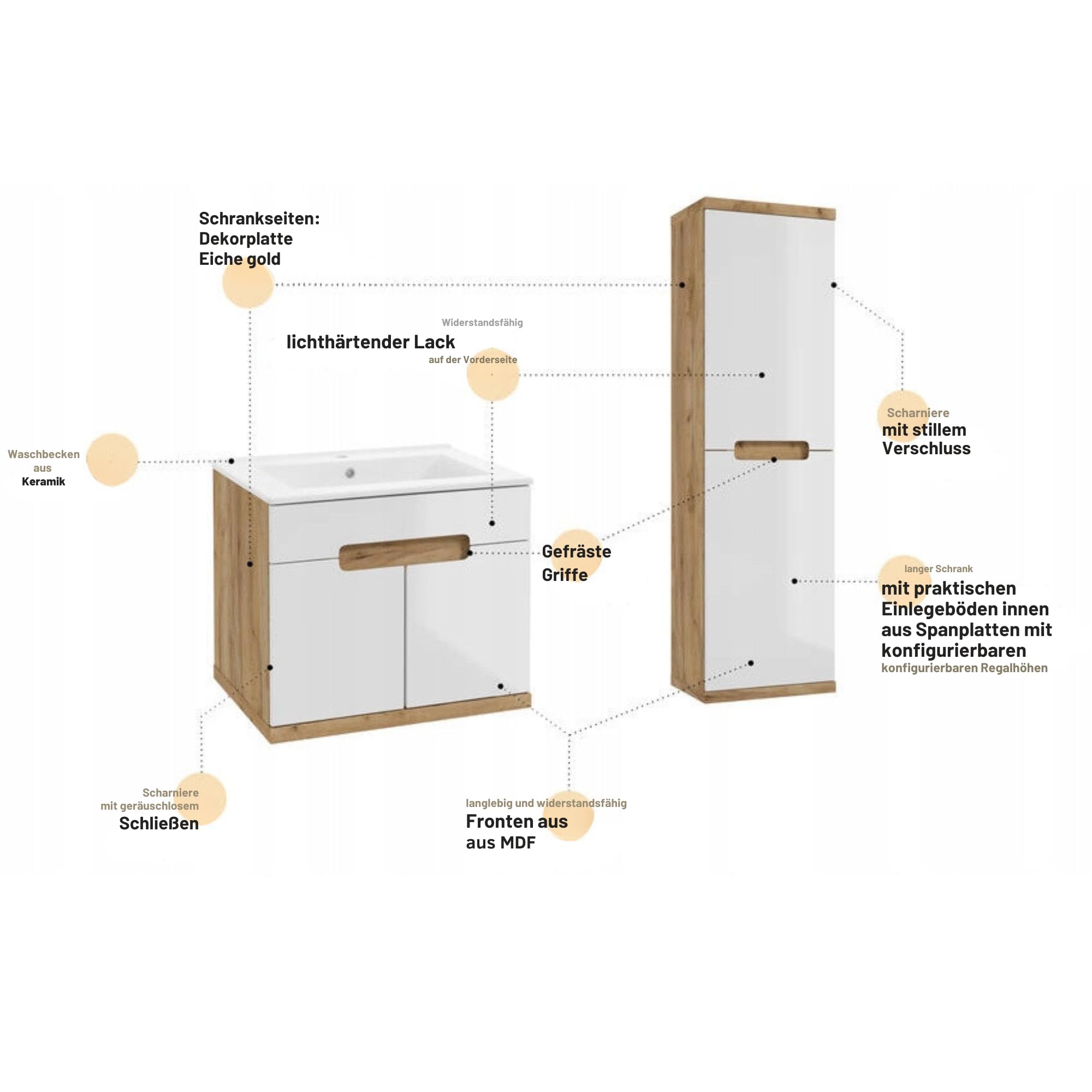 .Deftrans Domodomo - Armario de baño para Colgar (138,6 x 40,4 x 29,2 cm, 4 estantes), Color Blanco Brillante y Roble Dorado