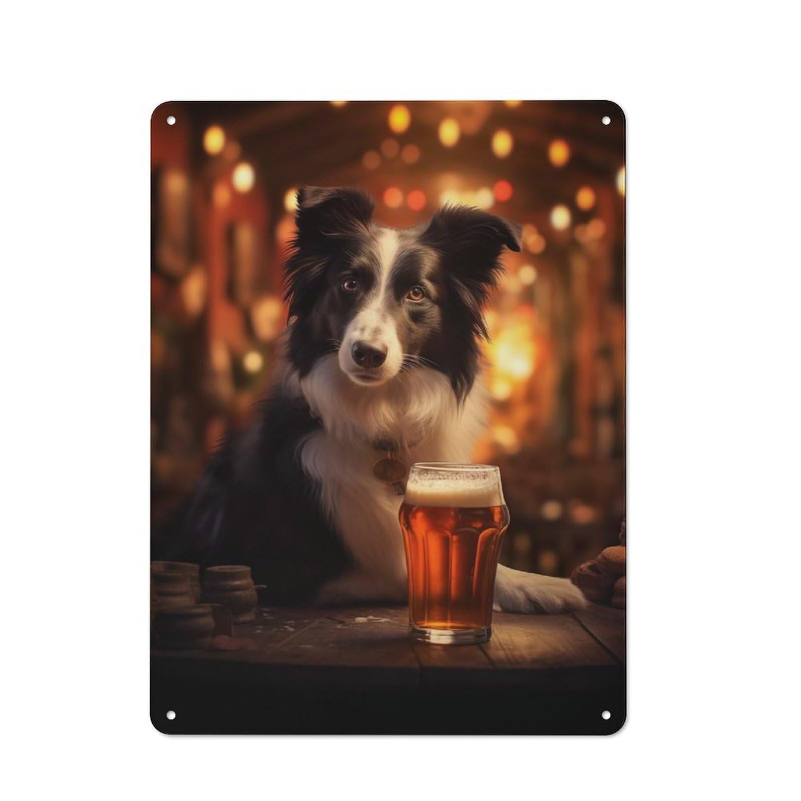 Junmoney Border Collie Pint Of Beer Rustic Metal Wall Decor 40X30cm, Rustic Metal Sign For Farmhouse Kitchen, Pantry Or Dining Area