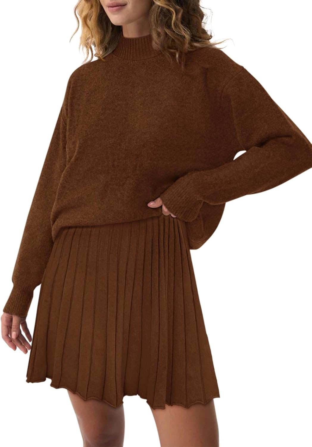 Women's Two Piece Outfits Turtleneck Long Sleeve Ribbed Knit Tops Pleated Mini Skirt 2026 Casual Sweater Sets - Image 5