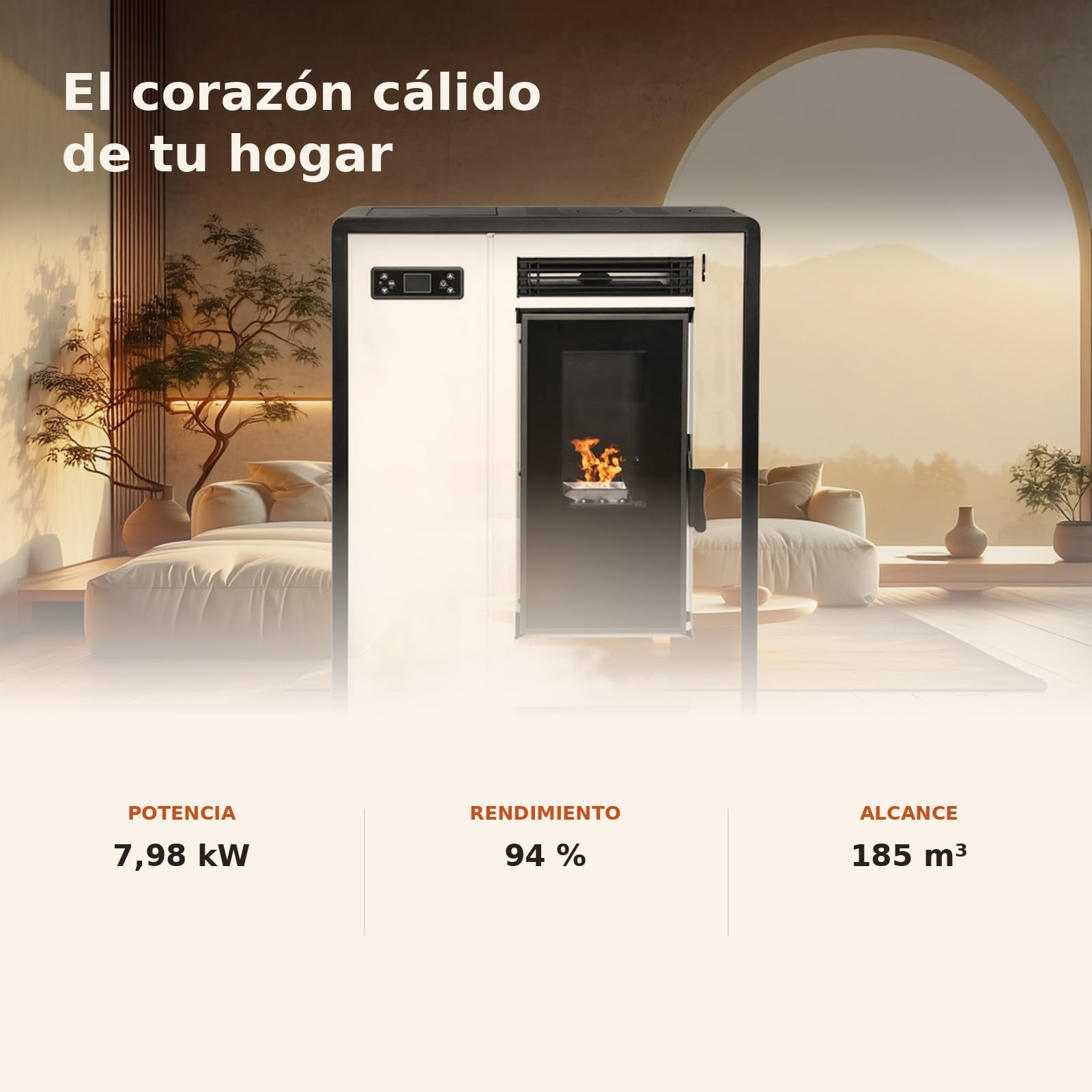 EIDER BIOMASA Estufa Pellets Canalizada SLIM PLUS – 7,98 kW – Fondo 24 cm – Slim – Hasta 185 m³ – Canalizable – Tolva 13 kg – Programable – Clase A+