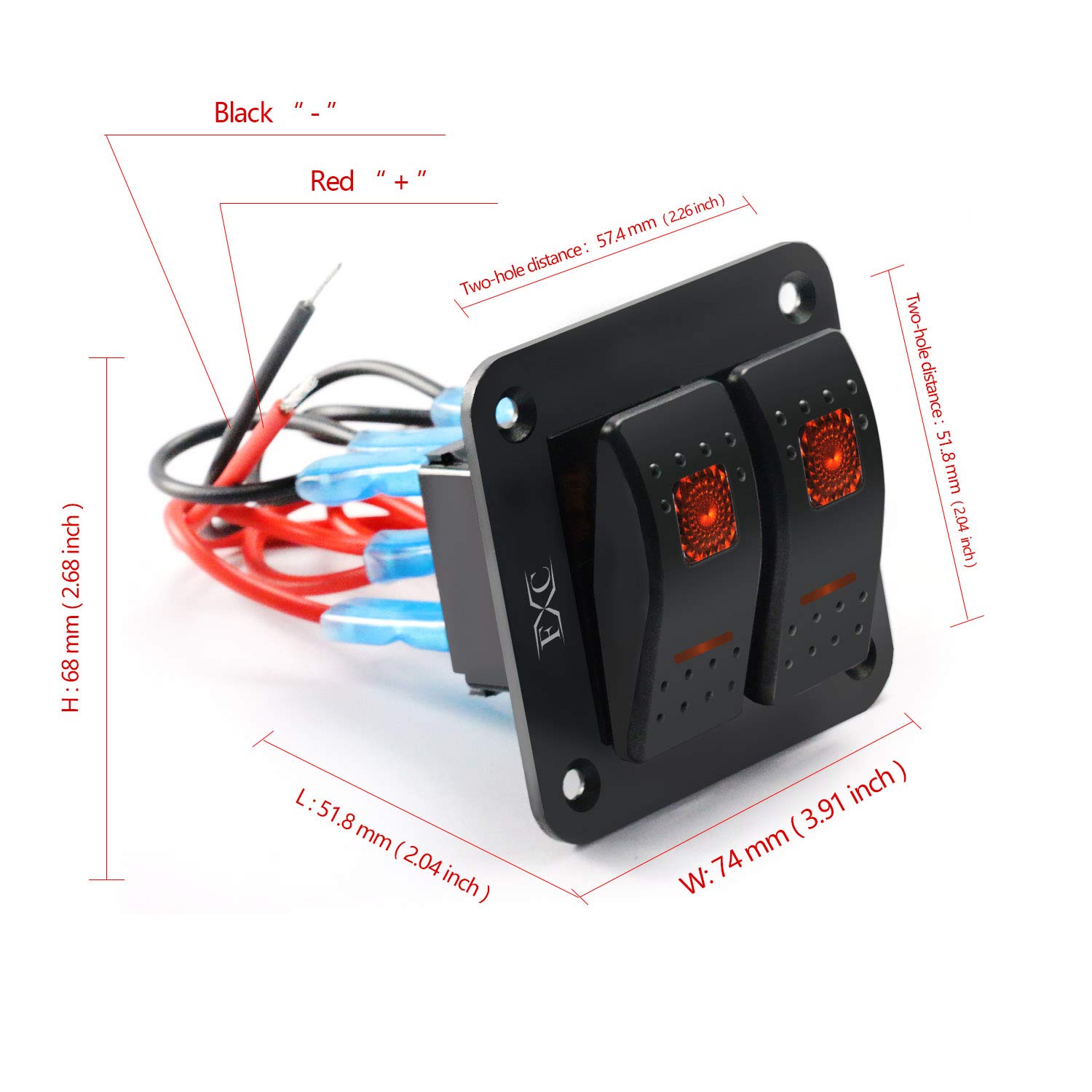 FXC Rocker Switch Aluminum Panel 2 Gang Toggle Switches Dash 5 Pin ON/Off 2 LED Backlit for Boat Car Marine Orange