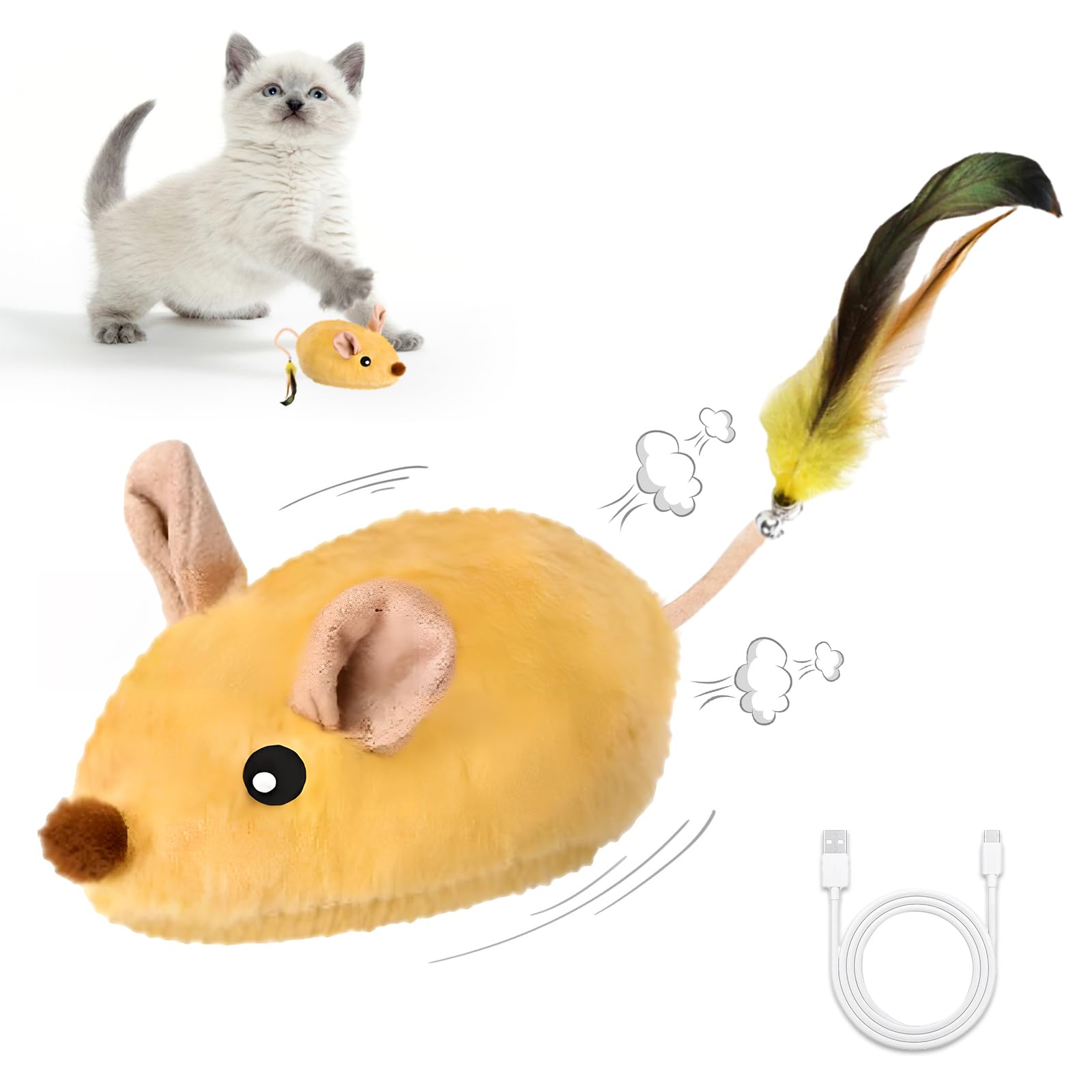 Pixibond Interactive Mouse Cat Toy, Automatic Moving Fake Rat Mouse Cat Toy, Realistic Rechargeable Dog Mouse Toy with Sound & Feather & Bell, Prank Joke Scary Trick Rats for Cats Dogs (Yellow)