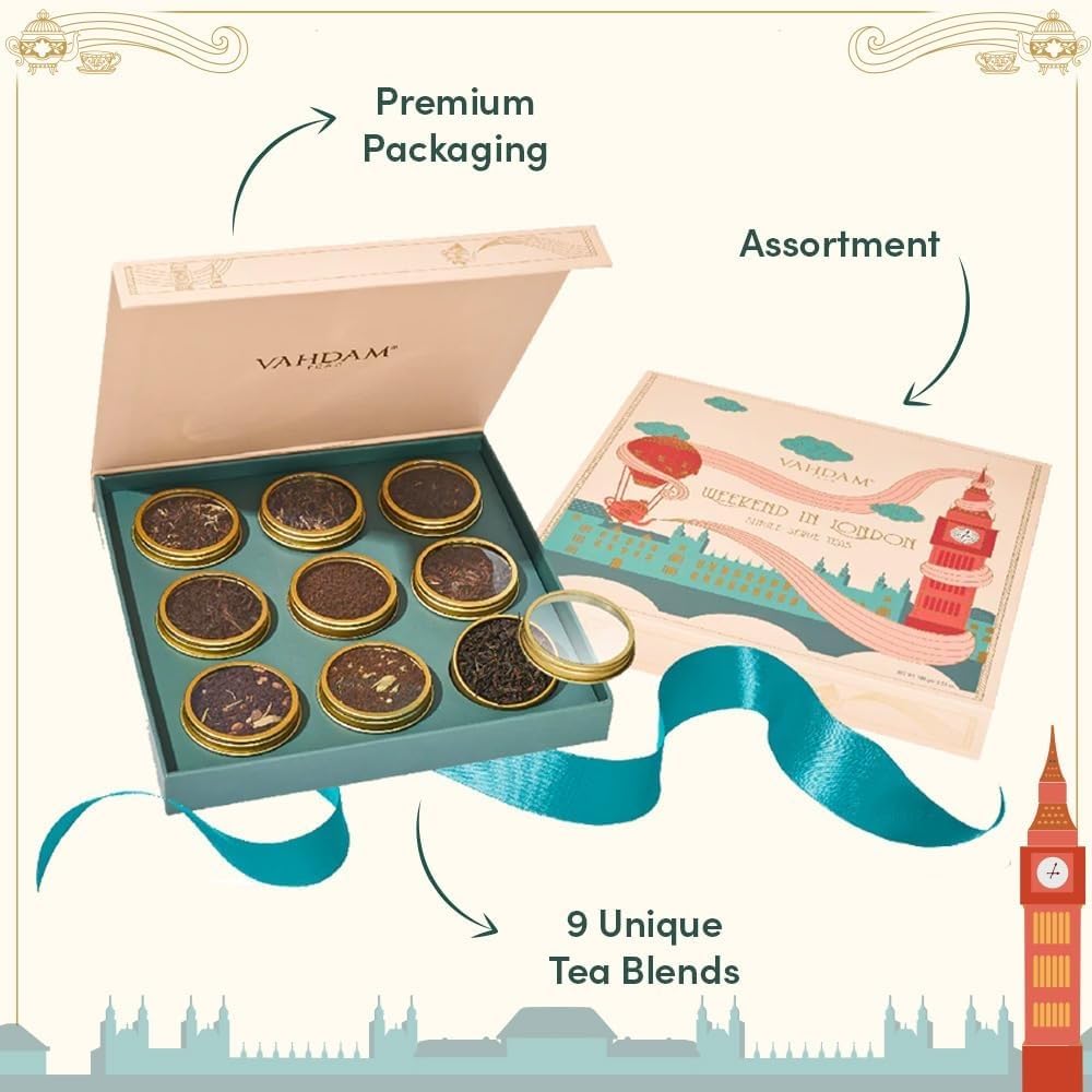 VAHDAM, Luxury Tea Gift Set | 24 Unique Loose Leaf Teas in Tin Caddies - Premium Tea Gift Box |Gluten Free & Non GMO | Gifts for Women, Men & Adults: Weekend in London Tea Gift Set