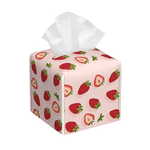 Tissue Box Cover, Pink Strawberry Pu Leather Square Tissue Holder, Waterproof Durable Facial Tissue Protector, Home Decor