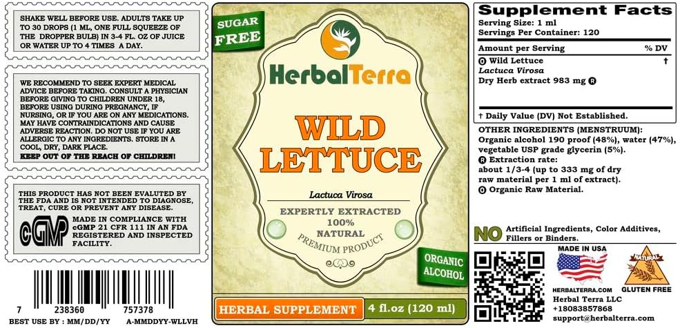 Wild Lettuce (Lactuca Virosa) Tincture, Dried Herb Liquid Extract (Brand Name: HerbalTerra, Proudly Made in USA) 4x4 fl.oz (4x120 ml)
