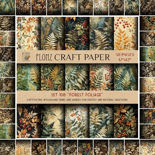 FLONZ Papier de scrapbooking (30 pages de 30,5 x 30,5 cm) Feuillage de forêt : fougères et baies des bois captivantes pour créations terreuses et naturelles ~ Bloc de papier double face de style