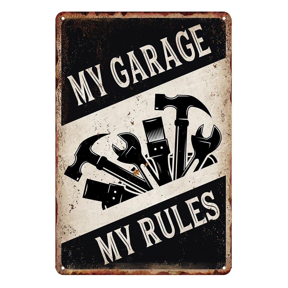 Vintage Garage Metal Tin Sign, My Garage My Rules, Retro Man Cave Wall Decor, 12x8 Inch