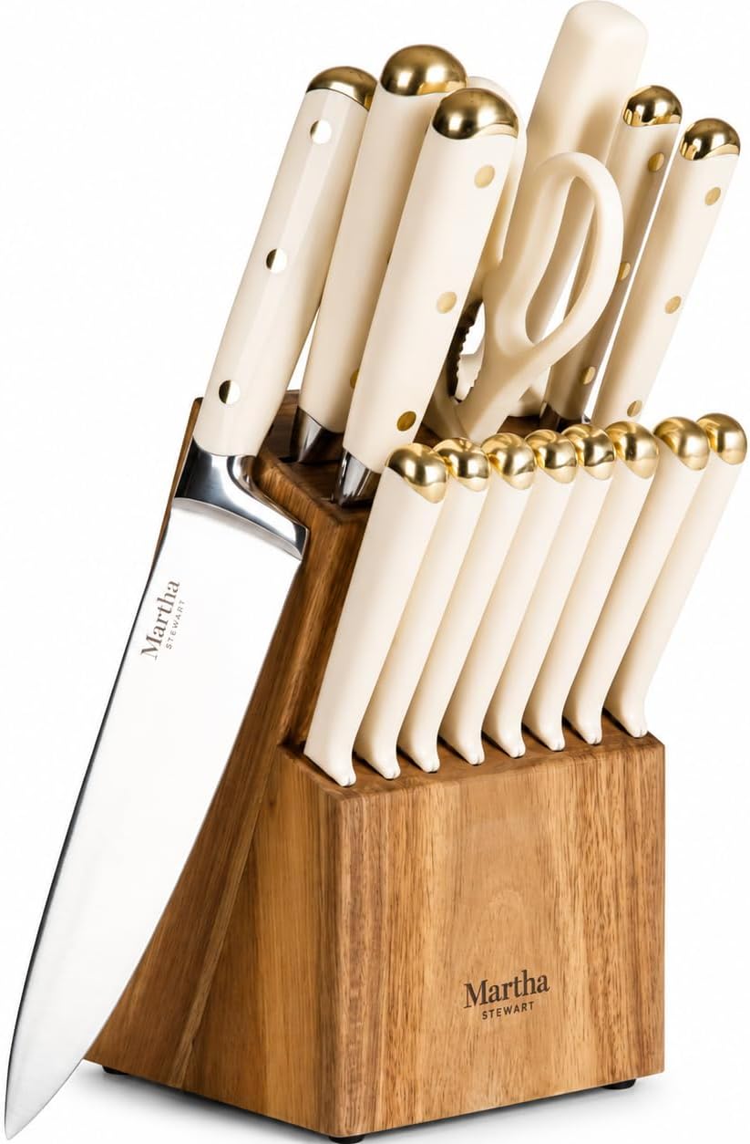 16 Piece Lockton High Carbon Stainless Steel Cutlery Kitchen Knife Block Set W/ABS Tripe Riveted Forged Handle Acacia Wood Block - Linen White W/Gold