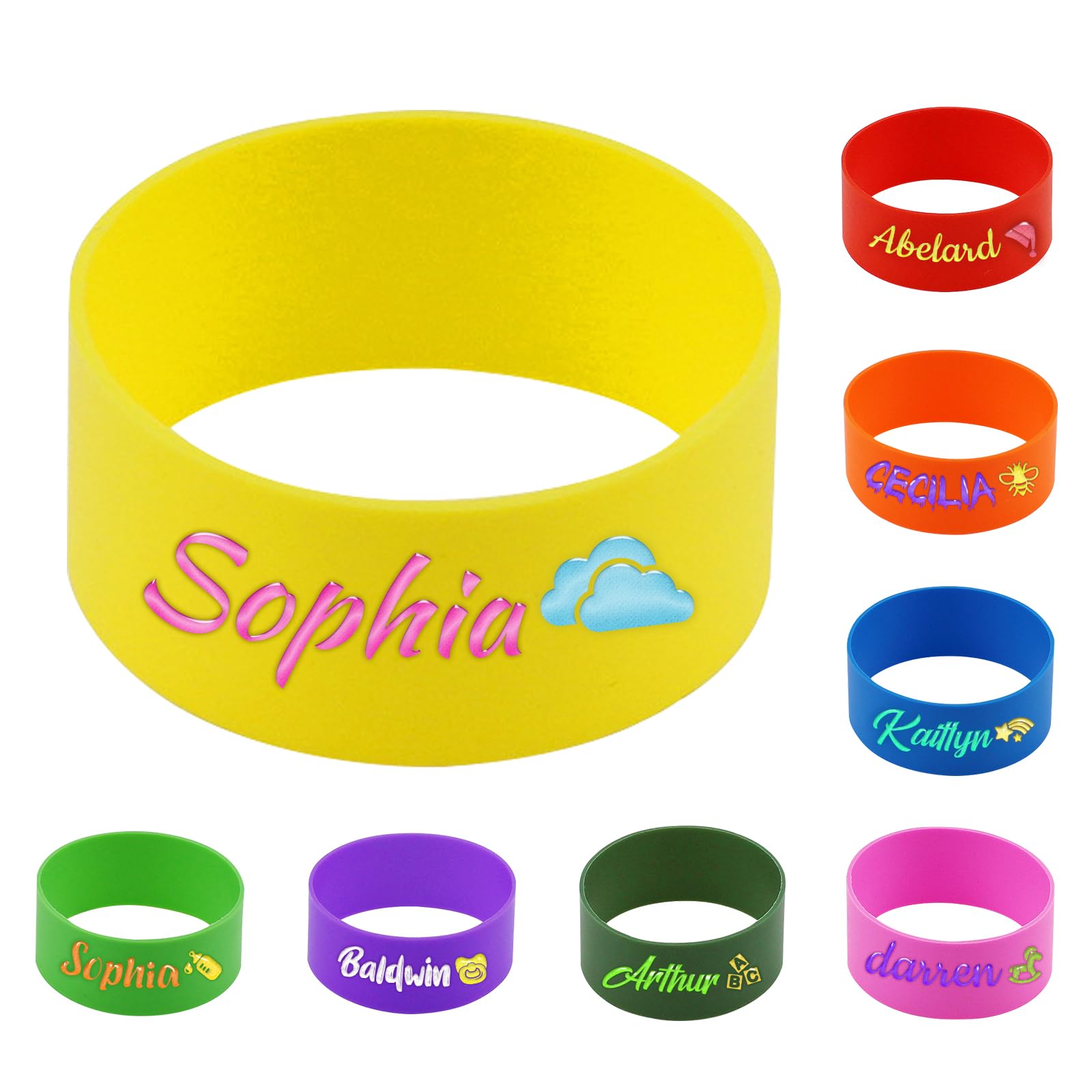 2 Pcs Personalised Water Bottle Name Bands, Reusable Bottle Labels, Elastic Silicone Daycare Labels Washable Bottle Tag Printable Name Sippy Cup Strap ā image 1