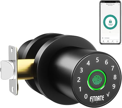 مقبض باب بصمة FITNATE مع لوحة المفاتيح، مقبض الباب الذكي مع التحكم في التطبيق، قفل الباب البيومتري قفل باب الدخول بدون مفتاح لغرفة النوم، شقة، فندق، مكتب أسود غير لامع