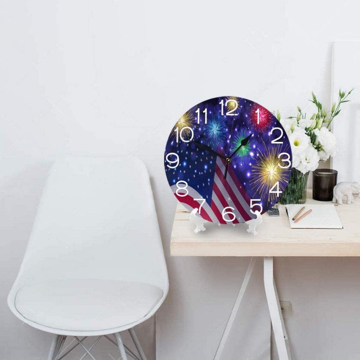American Flag Celebration Fireworks Independence Day Silent Round Wall Clock, 9.84 Inches Battery Operated Easy to Read for Home, Office, School Decor