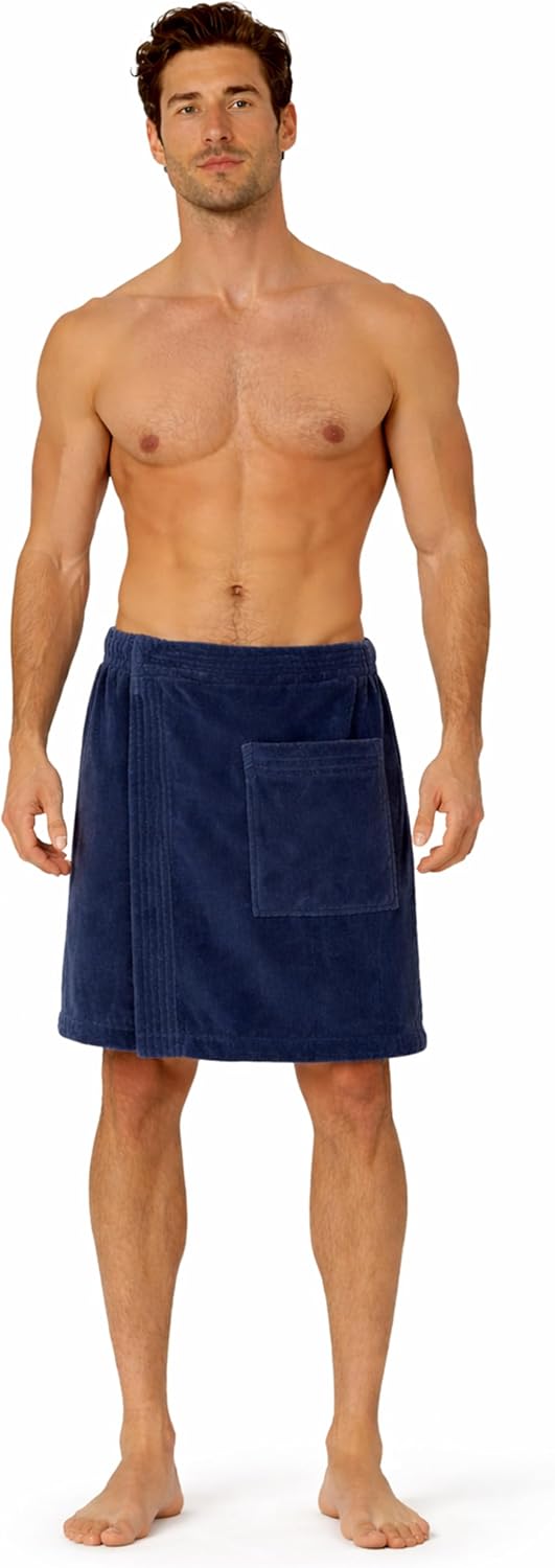 Turkish Cotton Terry Velour Adjustable Body Wrap Towel for Men (Navy Blue, One Size)