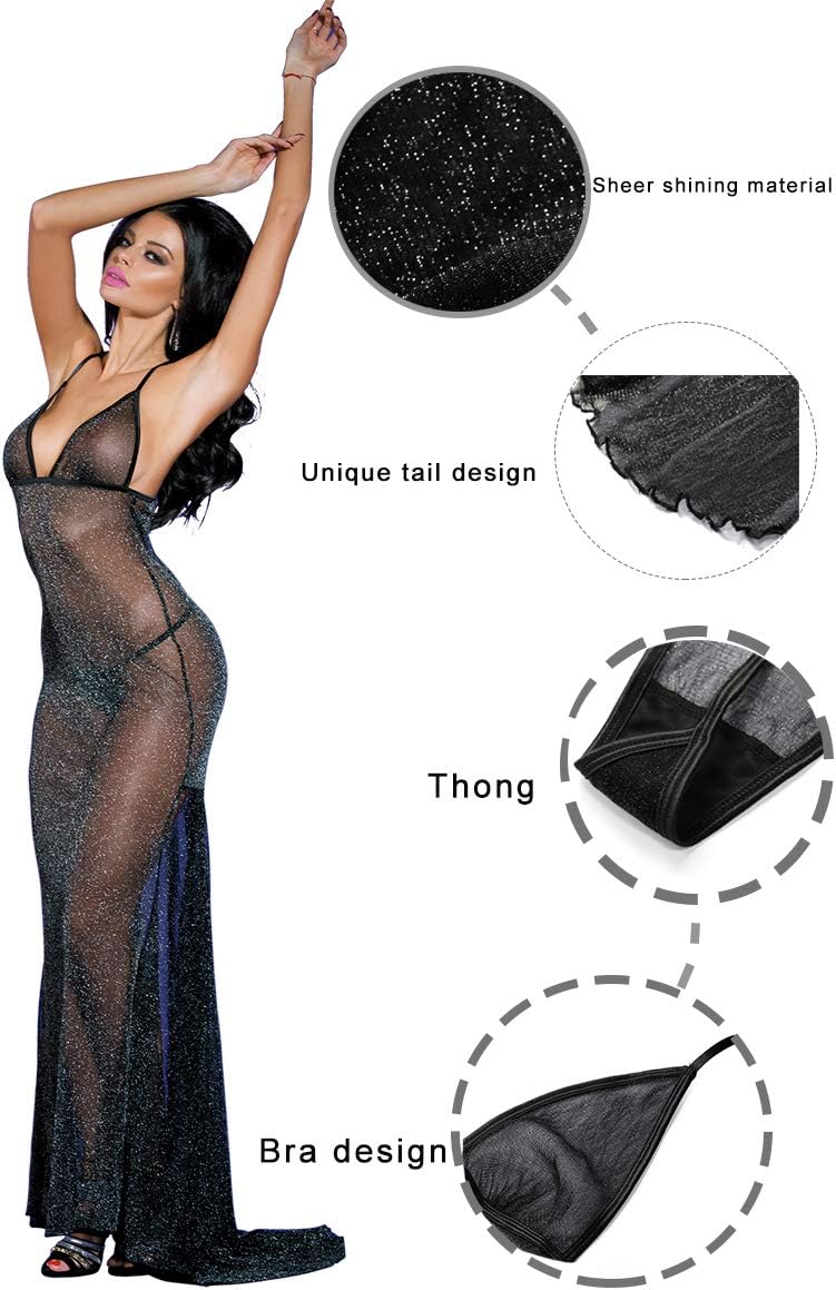 Sexy Sheer Black Shining Mesh Long Nightgown Deep-V Babydoll Dress for Women - Image 4