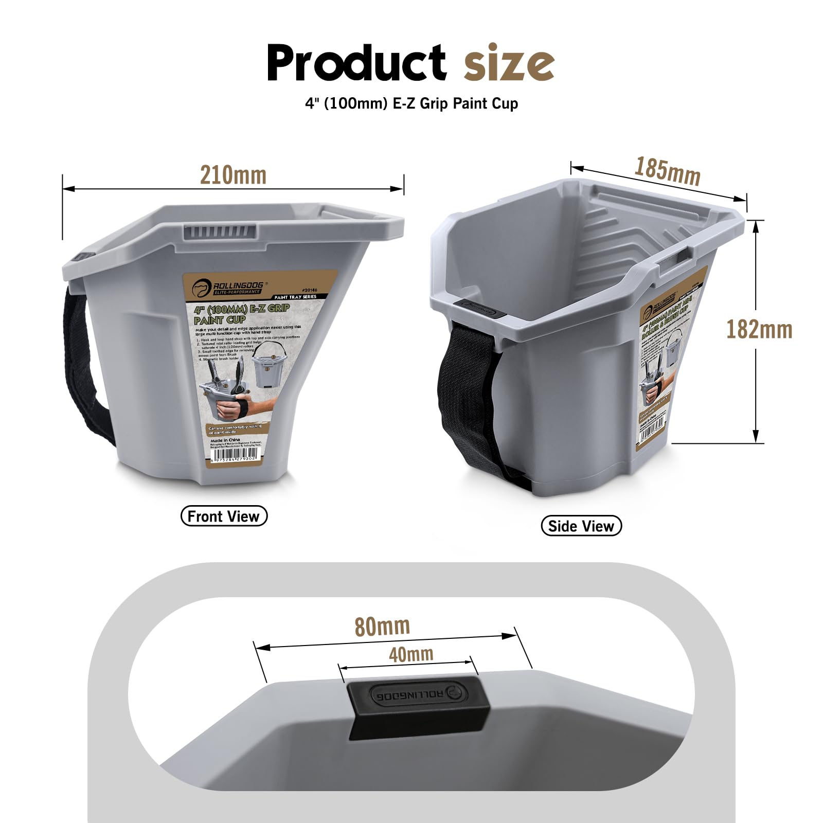 ROLLINGDOG Seau à peinture et gobelet à peinture de 100 mm avec support magnétique et sangle auto-agrippante, capacité de 1 l avec grille de chargement, peinture portable multi-positions pour projet