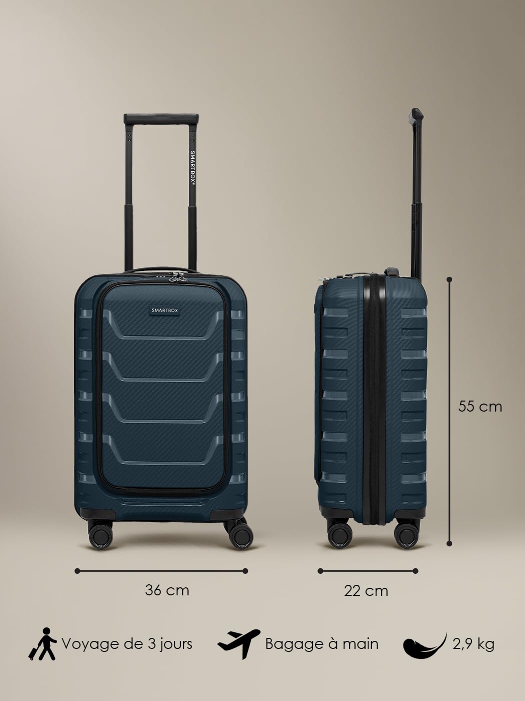Smartbox Valise Cabine avec Compartiment PC S 55 cm | Trolley Rigide 36×22×55 cm à Ouverture Frontale, 4 Doubles Roues & Serrure TSA | polypropylène léger – Edition 01