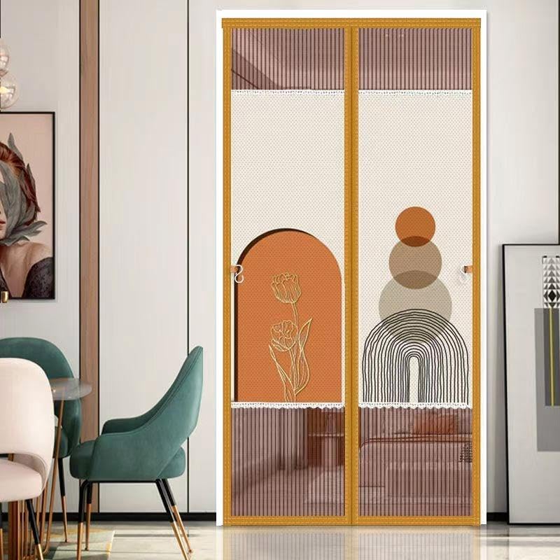 Puerta mosquitera magnética con diseño abstracto moderno, malla repelente de mosquitos, material reforzado duradero, marrón y beige (80 x 200)