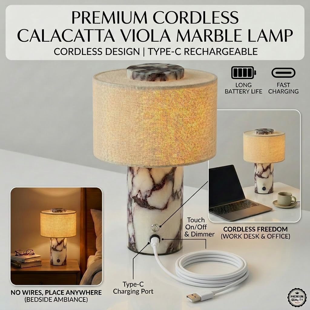 SAMAH Marmor-Touch-Lampe, luxuriöse Stein-Tischlampen, wiederaufladbare, schnurlose Marmor-Lampe, Leinentuch-Faser-Lampenschirm für Heimdekoration, Schlafzimmer, Büro