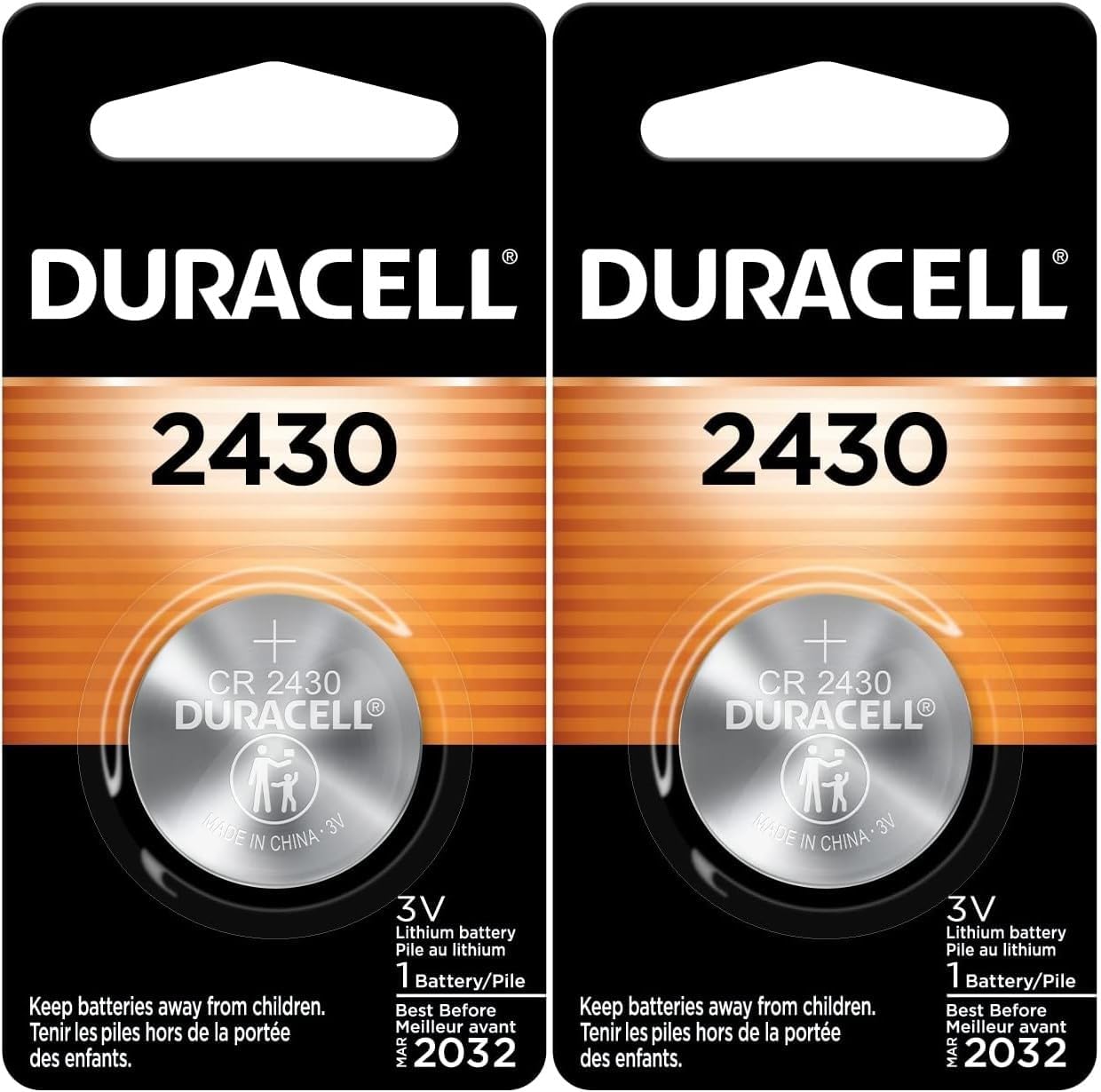 Duracell 2430 3V Lithium Battery, 1 Count Pack, Lithium Coin Battery for Medical and Fitness Devices, Watches, and More, CR Lithium 3 Volt Cell- Pack of 2