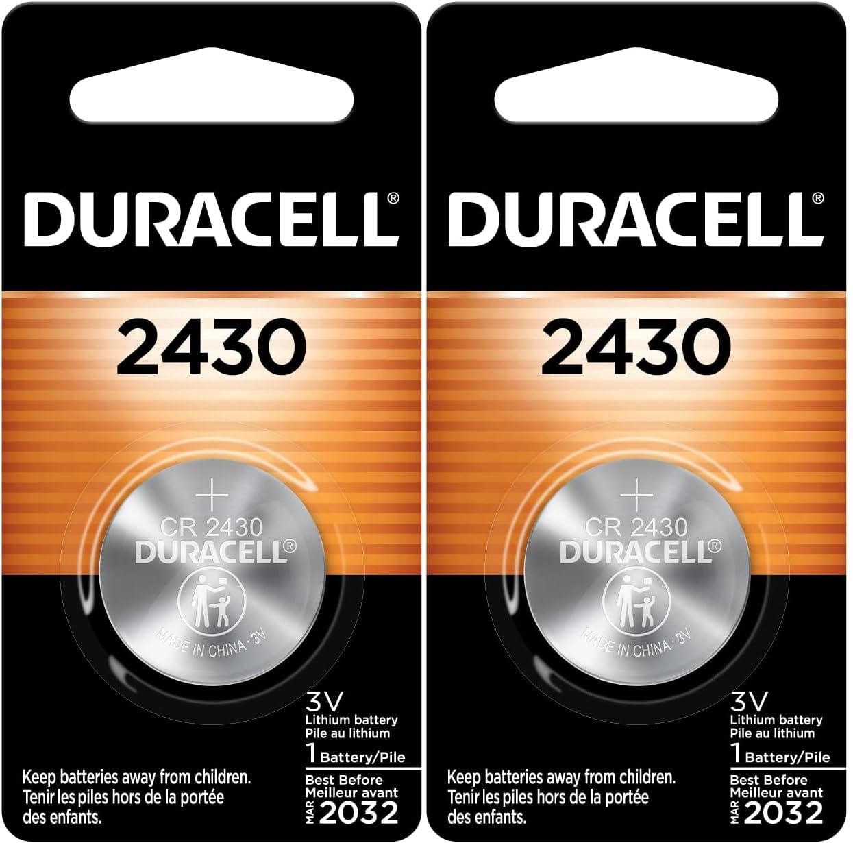 Duracell 2430 3V Lithium Battery, 1 Count Pack, Lithium Coin Battery for Medical and Fitness Devices, Watches, and More, CR Lithium 3 Volt Cell- Pack of 2