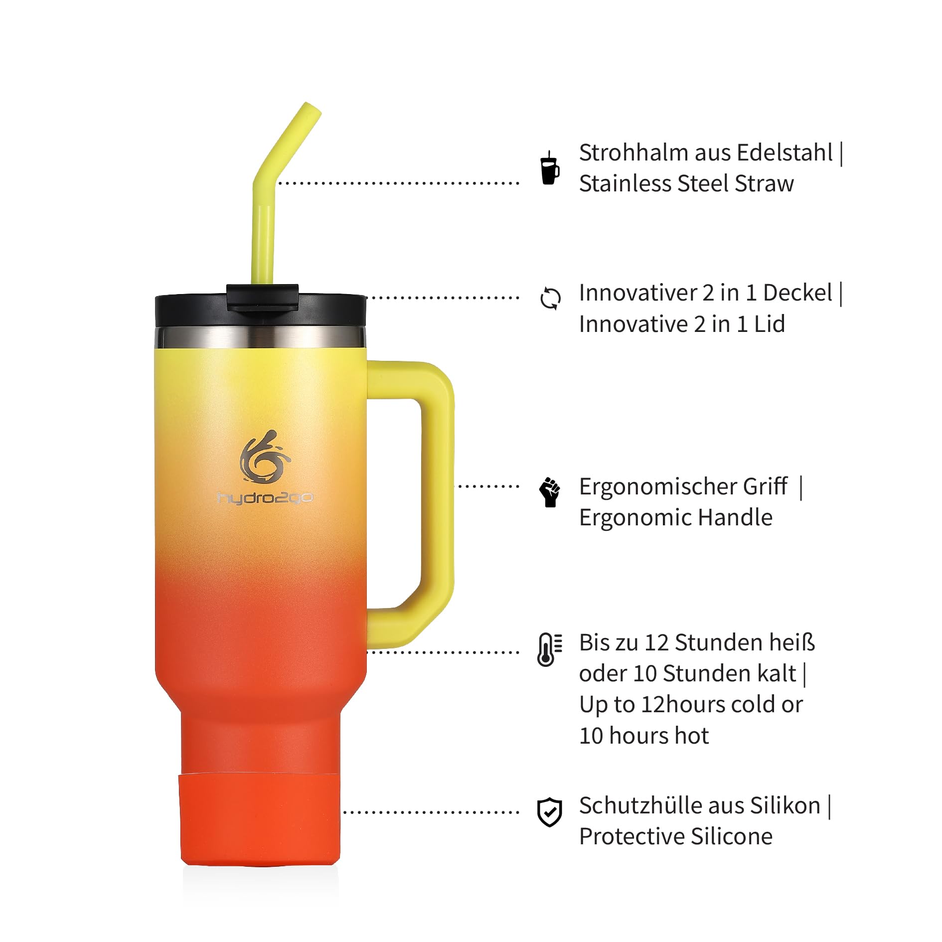 hydro2go® 1200ml/40oz Thermobecher, Kaffeebecher to Go, Isolierbecher mit Griff & Strohhalm, Reise- & Autobecher, Tumbler für Heiß- & Kaltgetränke (Sunset, 1200 ml) | thermobecher, kaffeebecher to go, isolierbecher mit griff und strohhalm, reisebecher, au