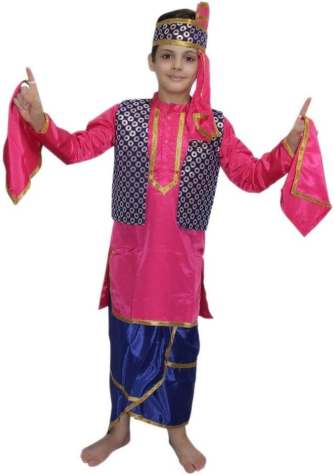 Indian State Punjabi Folk Dance Costume For Kids/Bhangda Gidda Dance Costume For Boys - Firozi & Magenta, 5-6 Years