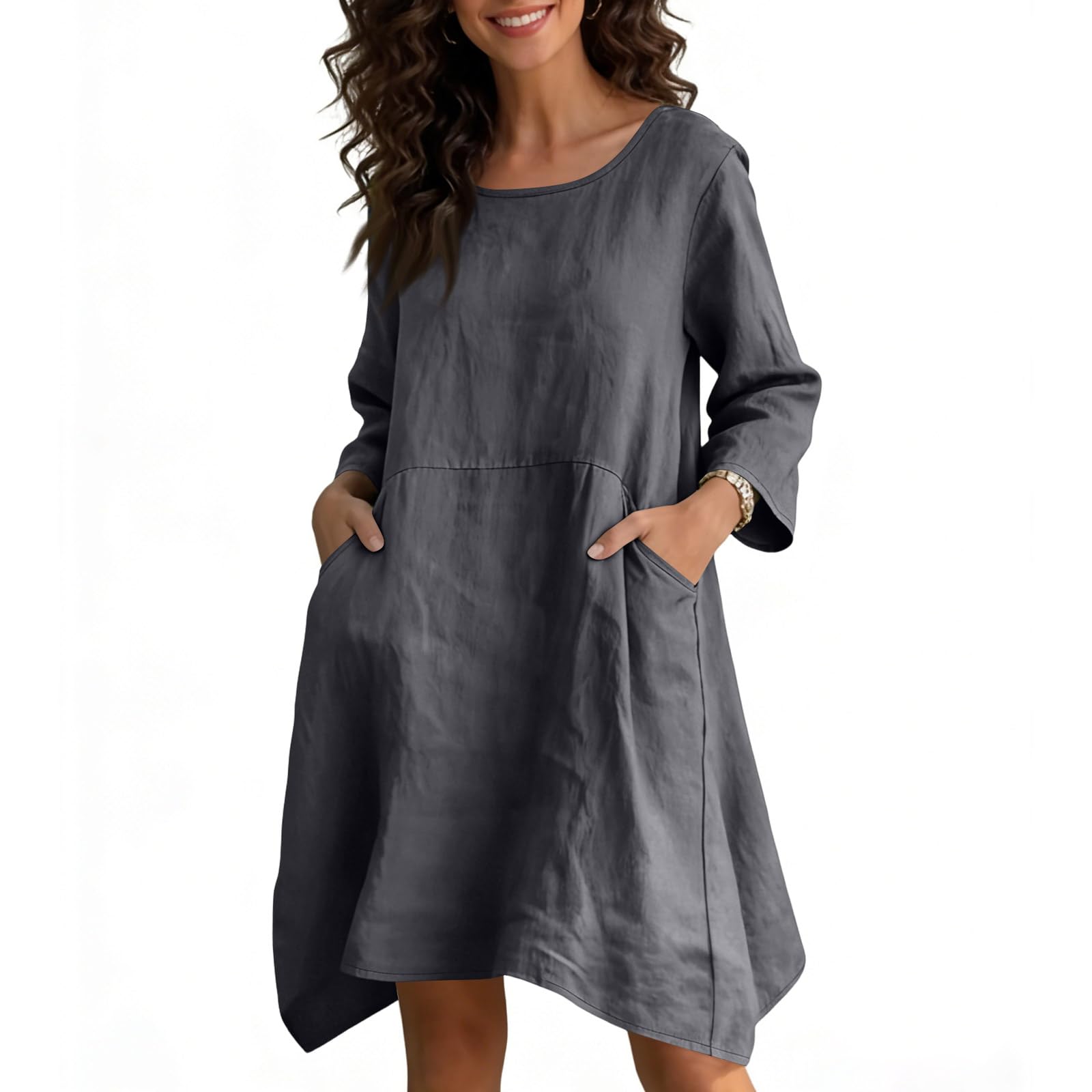 Abito Casual da Donne in Cotone E Lino A Tinta Unita con Scollo Rotondo E Maniche A 3/4 Abiti Ampio al Ginocchio Abiti A Tunica Casual A Trapezio Comodo Abiti da Spiaggia Prendisole con Tasche