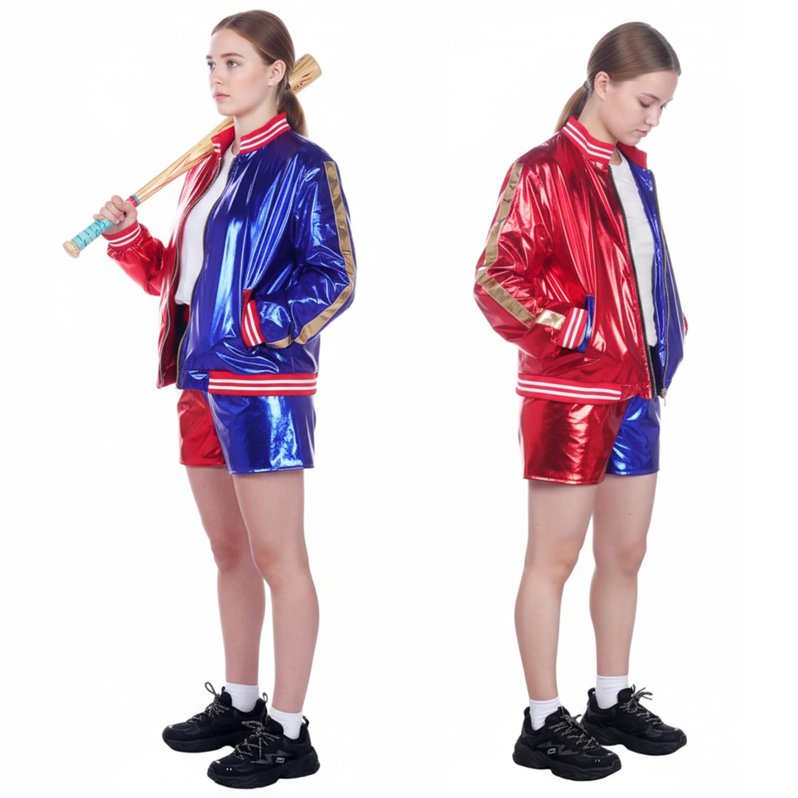 Ficlwigkis Halloween Costume Women Girls Kids,Fancy Dress with Jacket T-Shirt Shorts Gloves Necklace Belt Wig Tattoo (Adult-02, S) - Image 2
