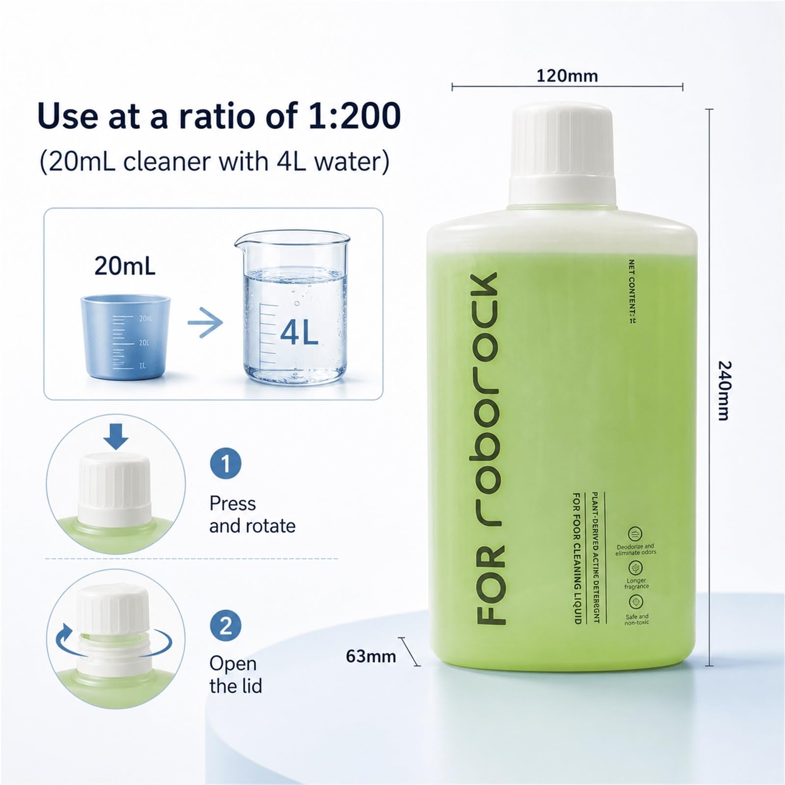 Compatible Con Roborock F25 ACE Pro Aspiradora Húmeda Y Seca, Líquido Limpiador De Suelos Espumoso 1L, Fórmula Suave, Descomposición Rápida De Manchas, Secado Rápido(2pc)