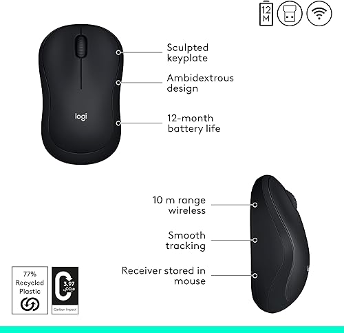 Vista 6 de Logitech Ratón inalámbrico M185, 2.4 GHz con mini receptor USB, duración de la batería de 12 meses, seguimiento óptico de 1000 DPI, ambidiestro