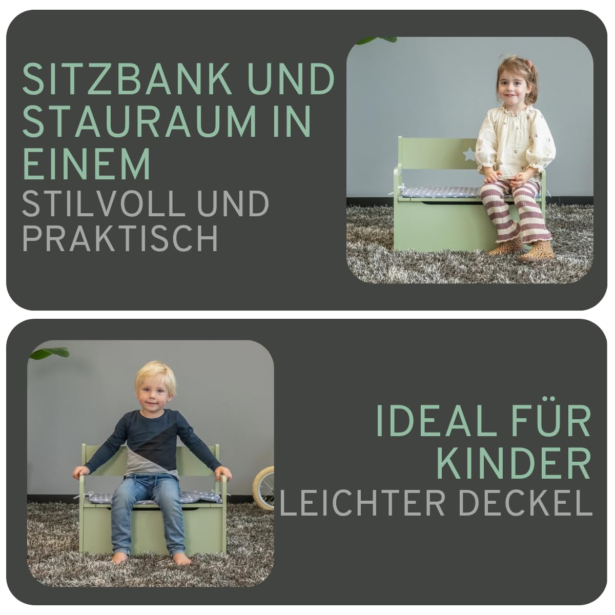 Bandits & Angels Holzspielzeugkiste mit Aufbewahrungsbank Retro Grün – 2-in-1-Aufbewahrungsbank – Sitzhöhe 24 cm – Maße 60 x 27 x 47 cm – für Jungen und Mädchen – Kinderzimmermöbel - Kindersitzbank