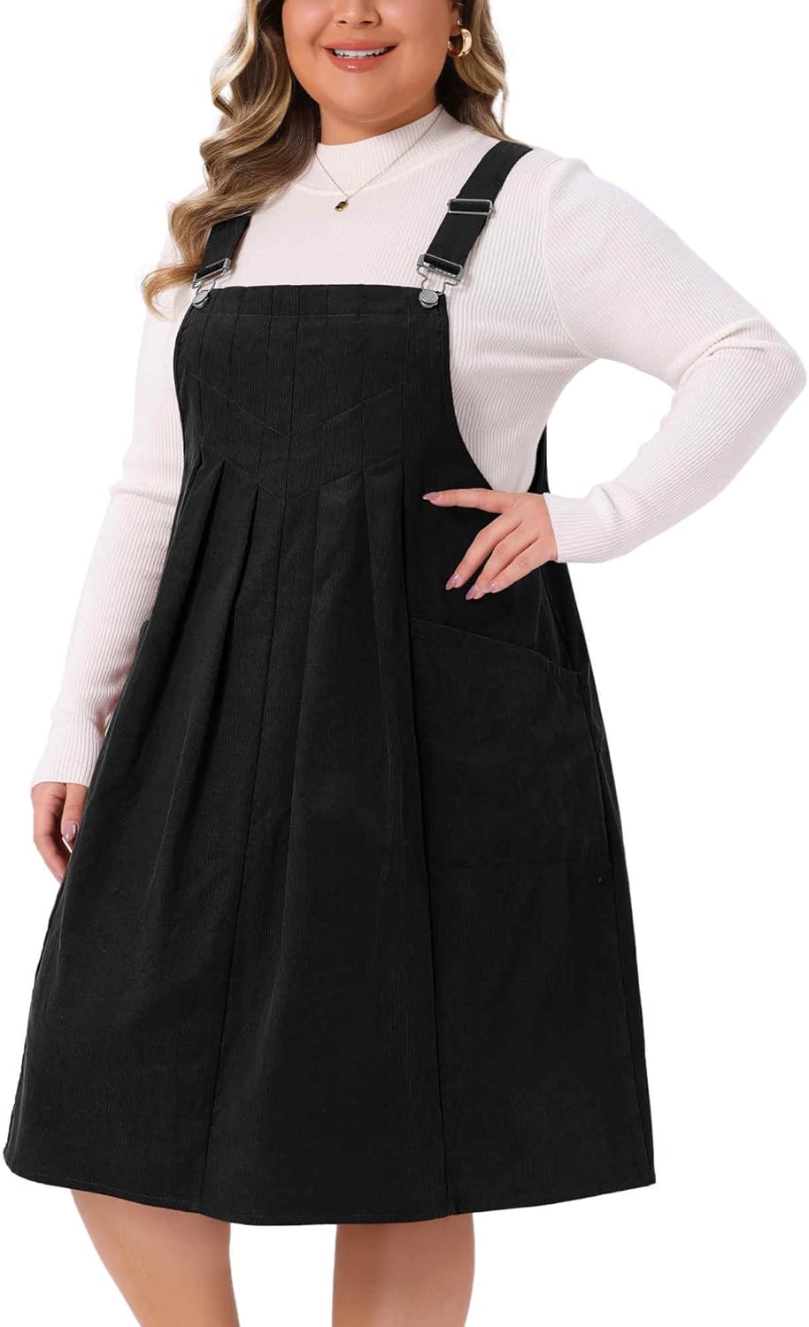 Agnes Orinda Plus Size Corduroy Pinafore Dress for Women Pleated Adjustable Strap Suspender Skirt Short Overall Dress - Image 2