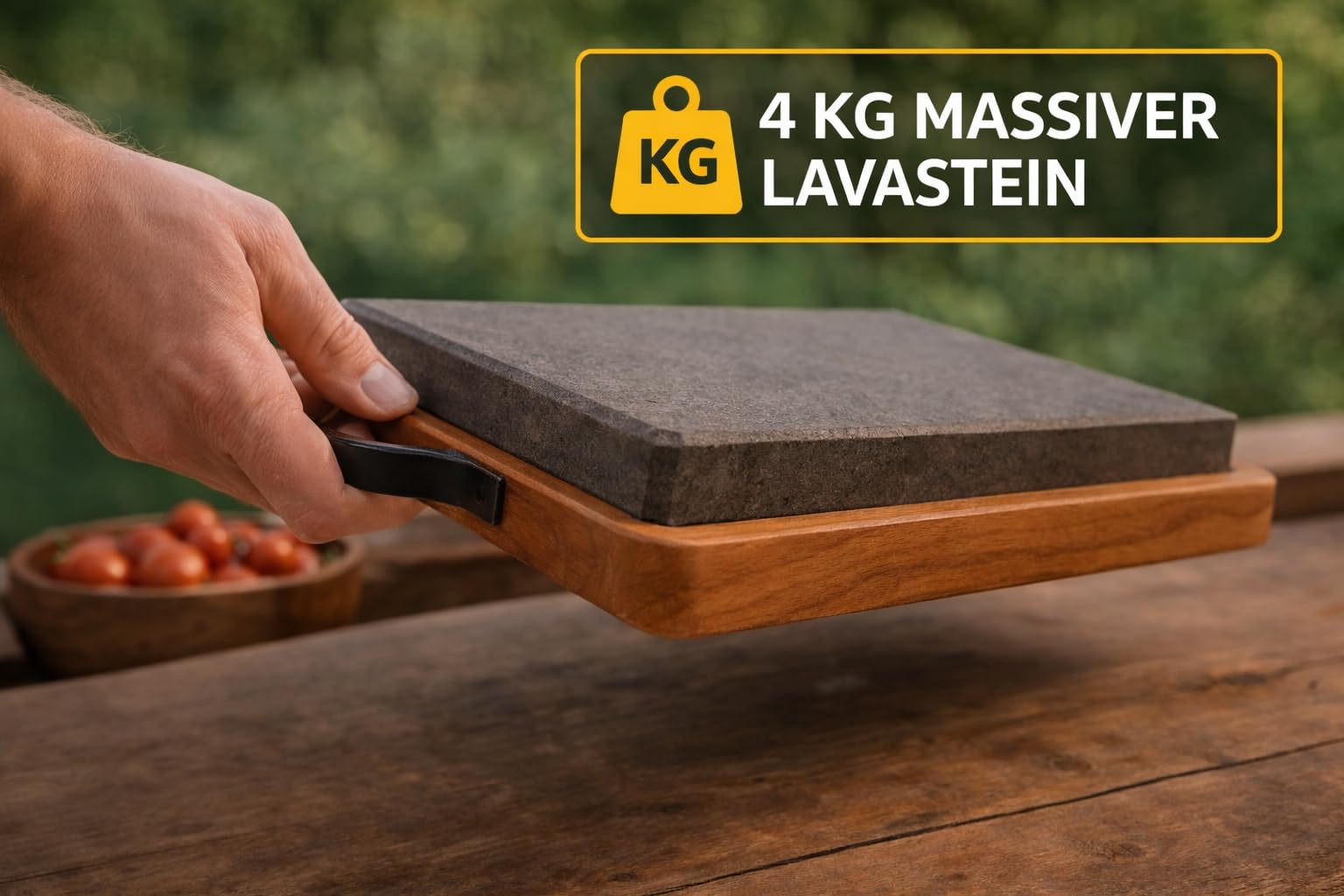 Placa de Cocina de Piedra de Lava Natural 27 x 18 cm con Bandeja de Madera – Piedra Caliente para Bistec, Carne y Asados – Servicio de Mesa con Asas – Negro y Marrón – Kalu Creations