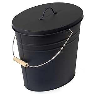 Theo&Cleo 15L Ascheeimer mit Deckel und Schaufel, Feuerfest Metalleimer, Kohleeimer für Kohle und Asche, Kamin, Ofen, Grill, Schwarz