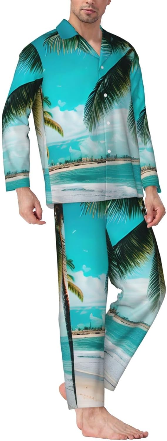 Beach Palm Trees Print Luxurious Mens Pajamas Set,Breathable Pajamas Set,Perfect For Lounging Bed,Sofa