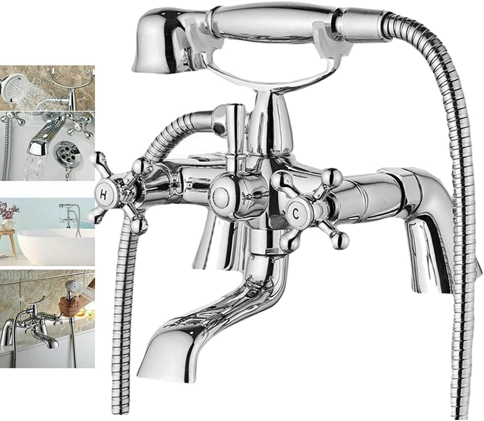 Bath Shower Mixer Tap Set, Shower Tap Attachment for Bath - Hand Held Shower Head, 1.5m Flexible Hose, Mixer Faucet, Double Victorian Handle, Telephone Cradle for Bathtub, Deck Mounted
