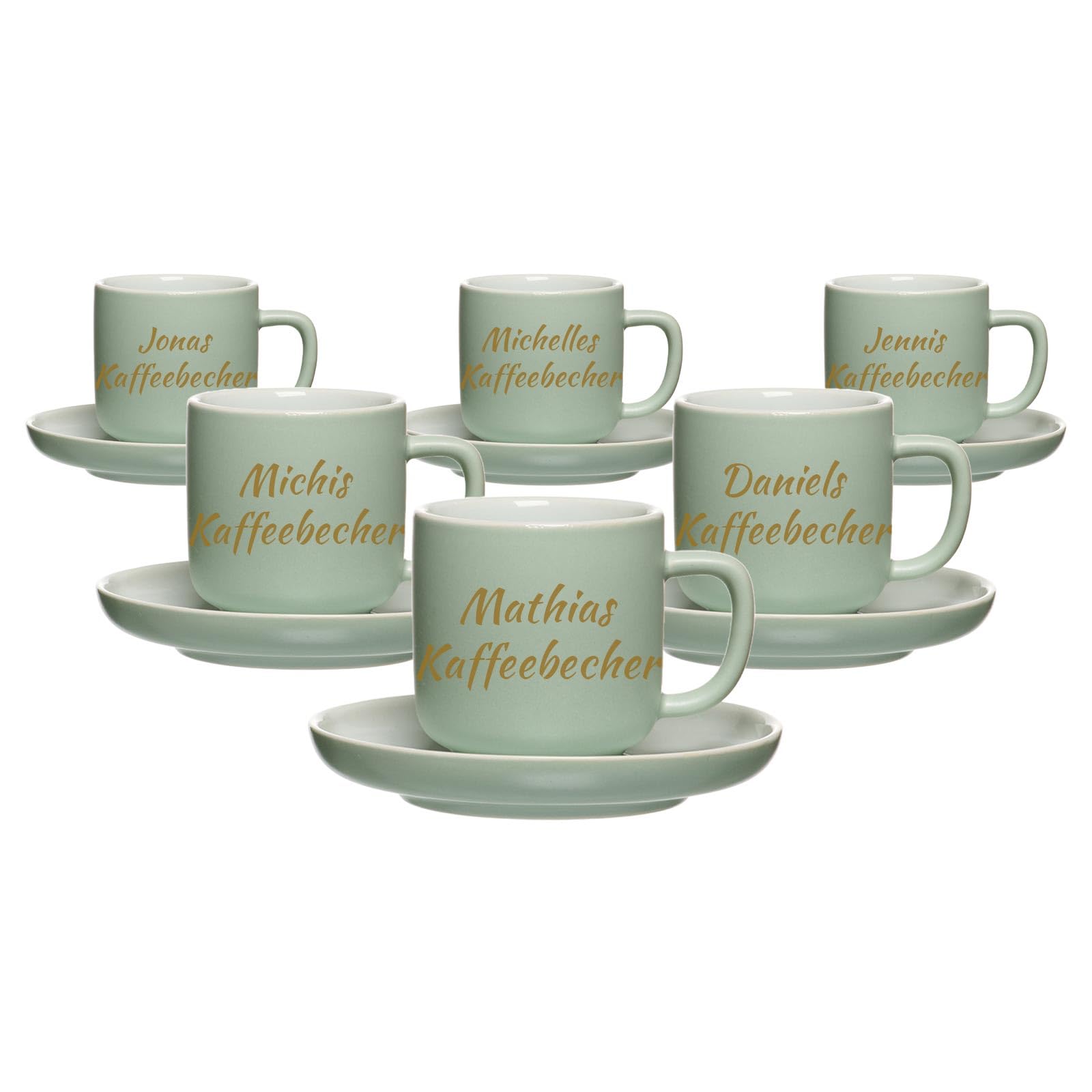 Espressotasse mit Gravur & Untertasse, Mint, 90 ml, 6 Stück | Personalisierte kleine Tasse aus Steinzeug mit goldgefärbter Beschriftung zum Geburtstag für Kaffeeliebhaber