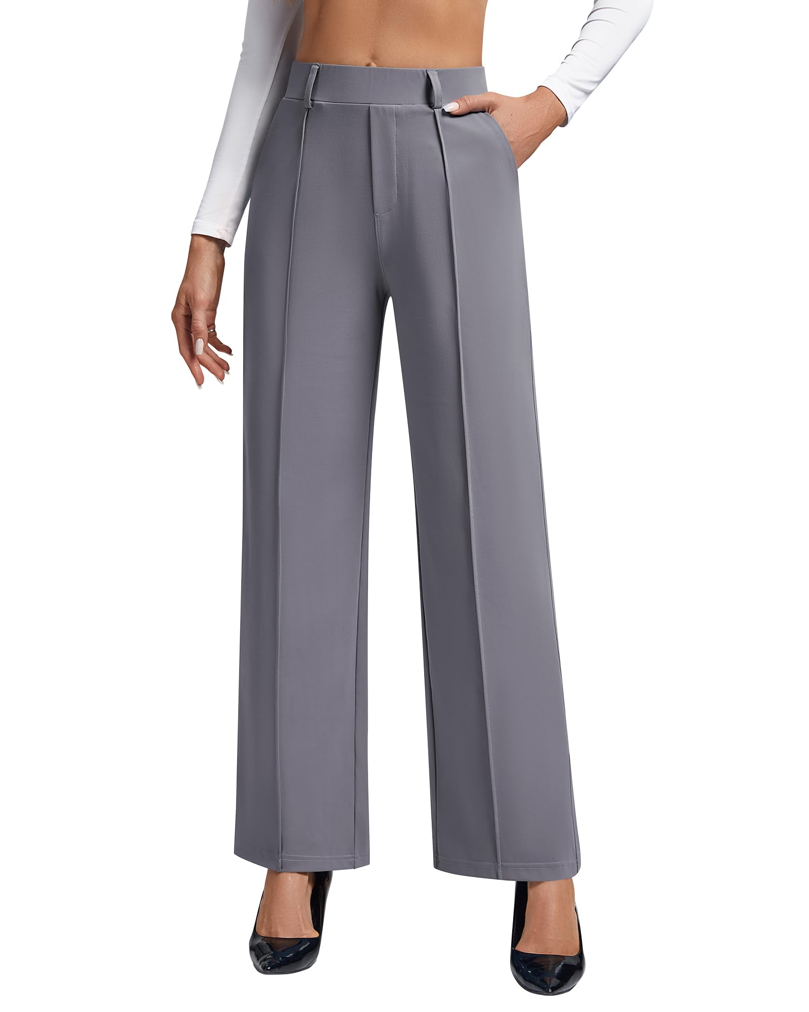 Dress Pants for Women Work Pants Wide Leg Pull On Stretchy Business Casual Trousers High Waisted Slacks with