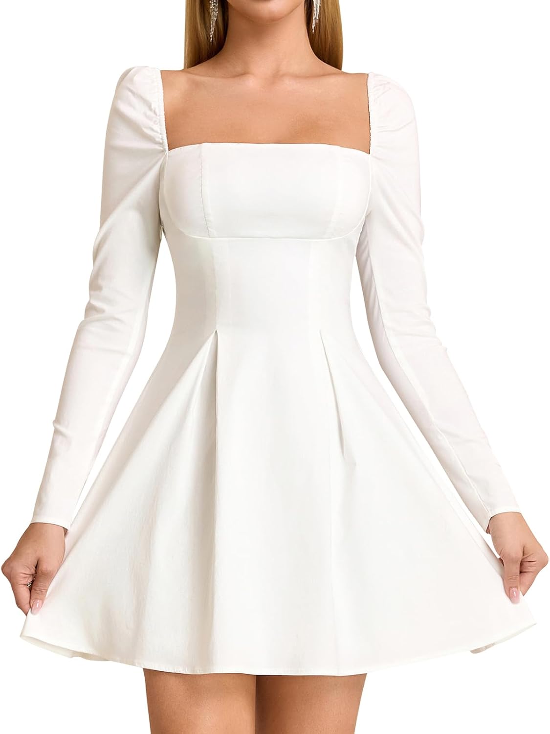 JKMNAO Women Long Sleeve Fall Mini Dress Bow Tie Party Cocktail Wedding Guest Square Neck Short Dresses