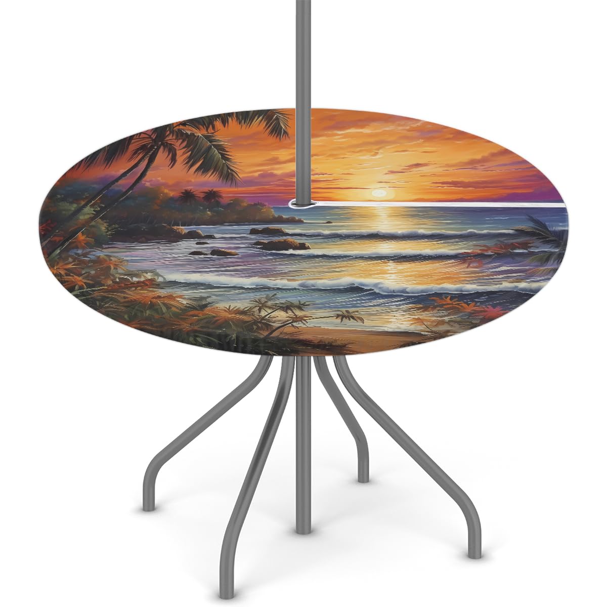 YPPAHHHH Round Outdoor Fitted Tablecloth with Umbrella Hole, Sunset Palm Tree Elastic Table Cloth Beach Tropical Waterproof Table Cover with Zipper for Patio Picnic, 45