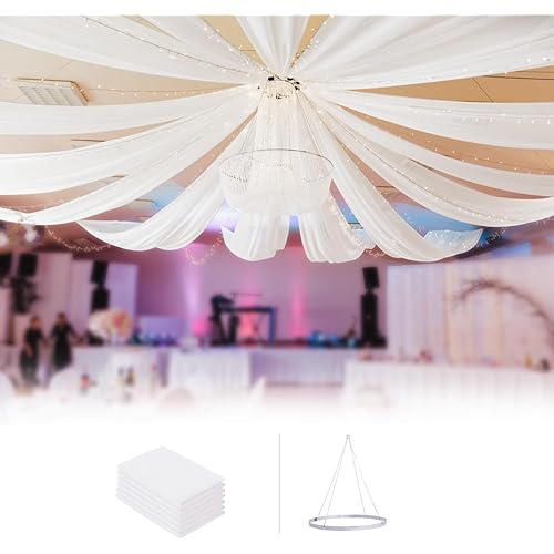 boldworks Ceiling Drapes Hanging Kit for Weddings Tent Bedroom Draping Parties Decoration White Fabric Includes Hoop Ring Set 5ft x 10ft Pack of 6