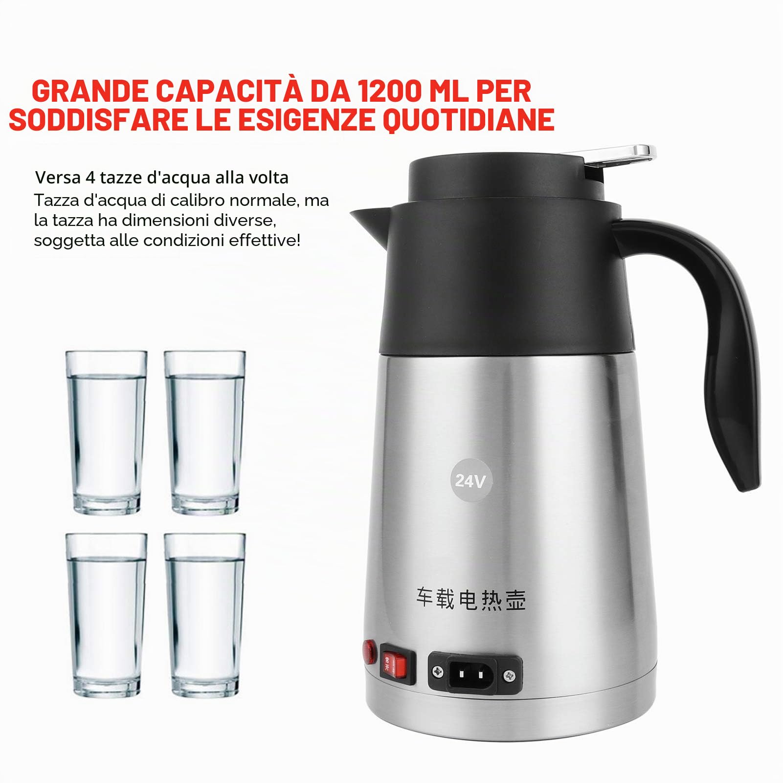 1200ml Bollitore Elettrico per Auto, 200W 24V bollitori elettrici per acqua in Acciaio Inossidabile per Tè Caffè Latte Presa per Viaggio Picnic Campeggio Pesca