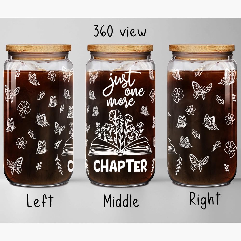 Cute Book Lovers 16oz Drinking Glass Cups with Lids and Straws Christmas Gifts for Women, Book Lover Girl, Just One More Chapter, Love Bookish Gift for Readers, Librarians, Bookaholics, Best Friend - Image 2