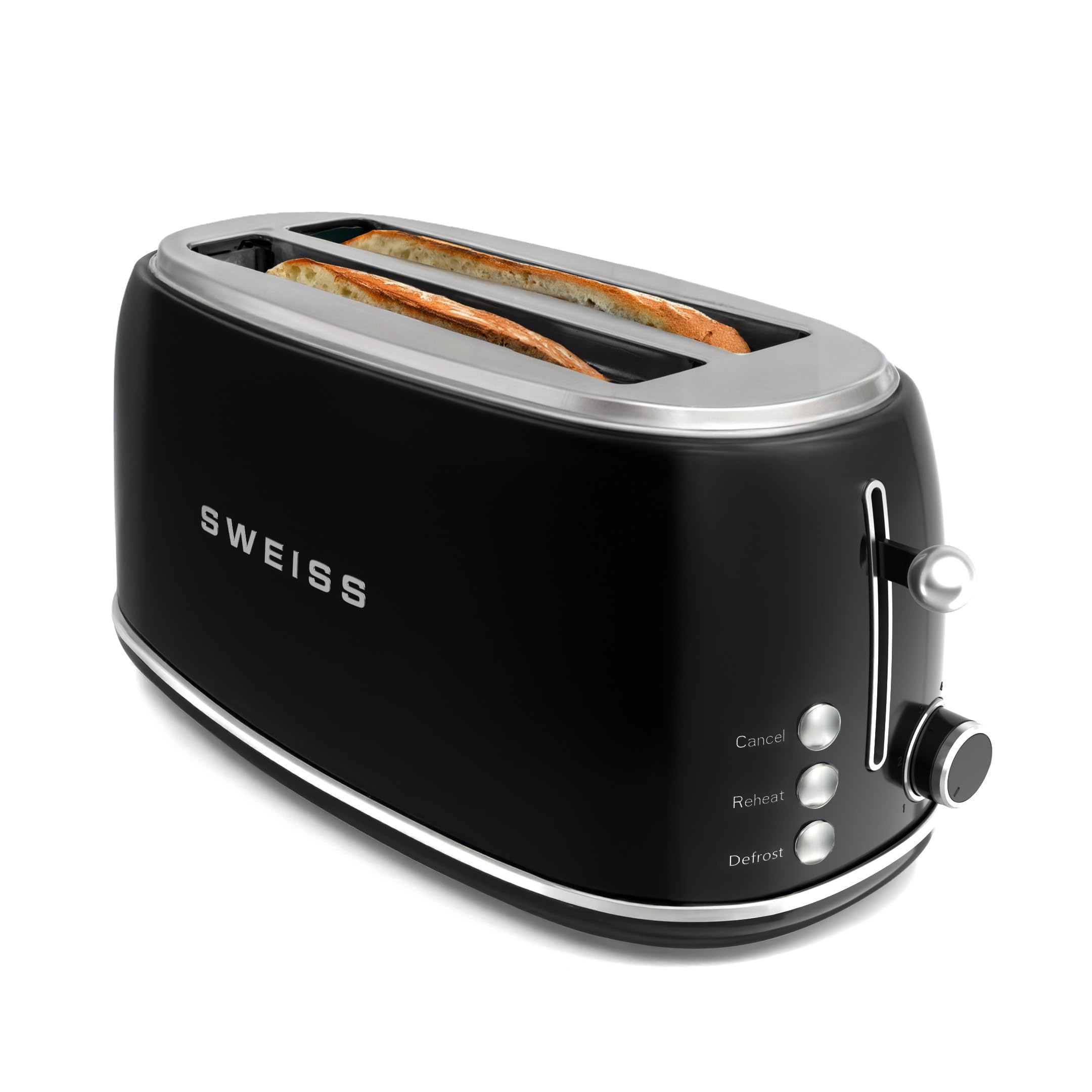 SWEISS Tostador GRV9 vintage, 2 ranuras, 6 niveles de potencia, Descongelación, Baguettes, Rápido y uniforme, Fácil limpieza, Bandeja recogemigas, Negro, 1500 W