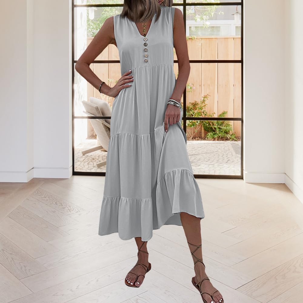 Womens Summer Button V-Neck Sleeveless Dress Vocation Flowy Beach Long Dress Solid Casual Midi Dress - Image 2
