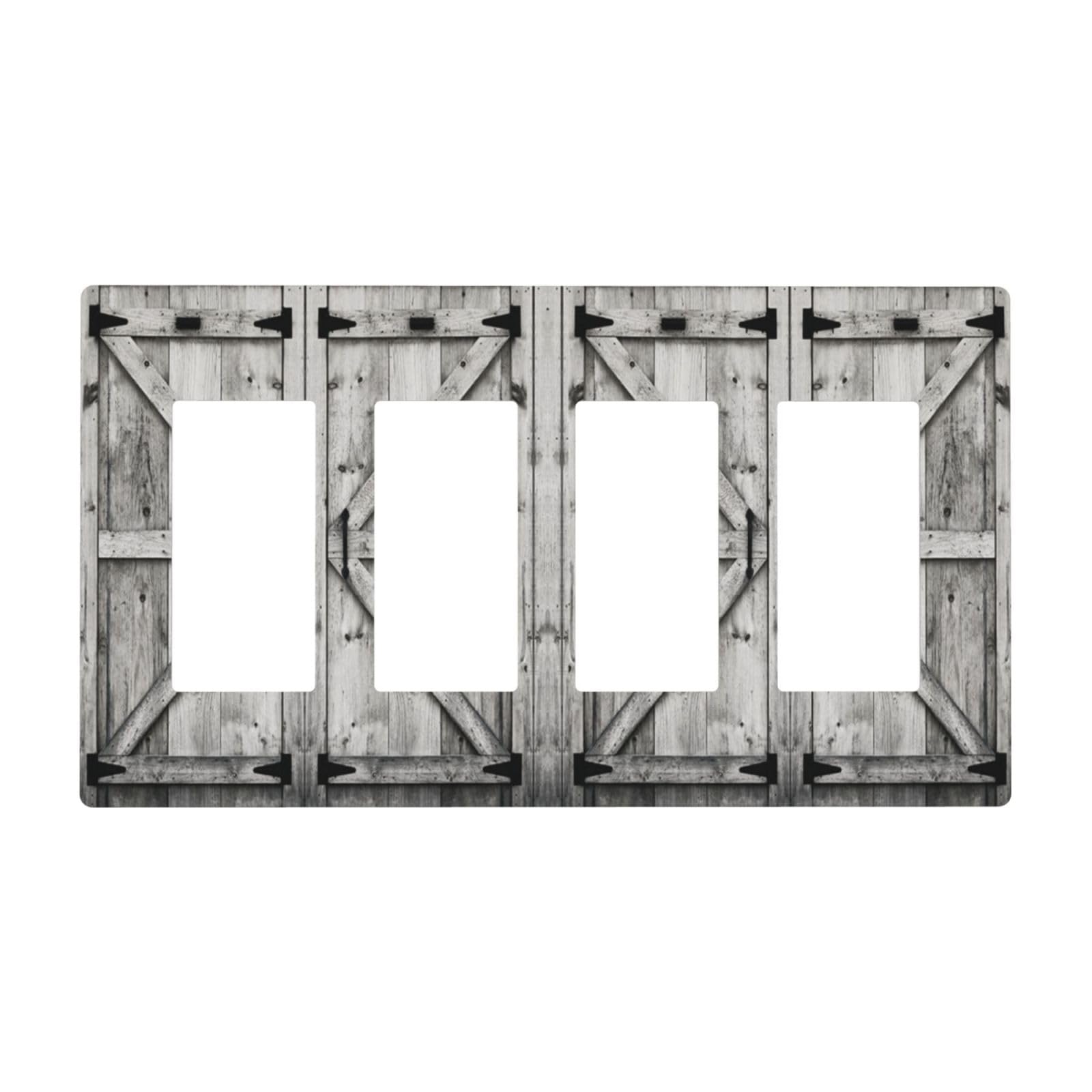 Farm Western Grey Barn Cabin Door 4 Gang Quad Rocker/GFCI/Decorator Light Switch Cover Plate Decorative Electric Quadruple Faceplate Switchplate Screwless