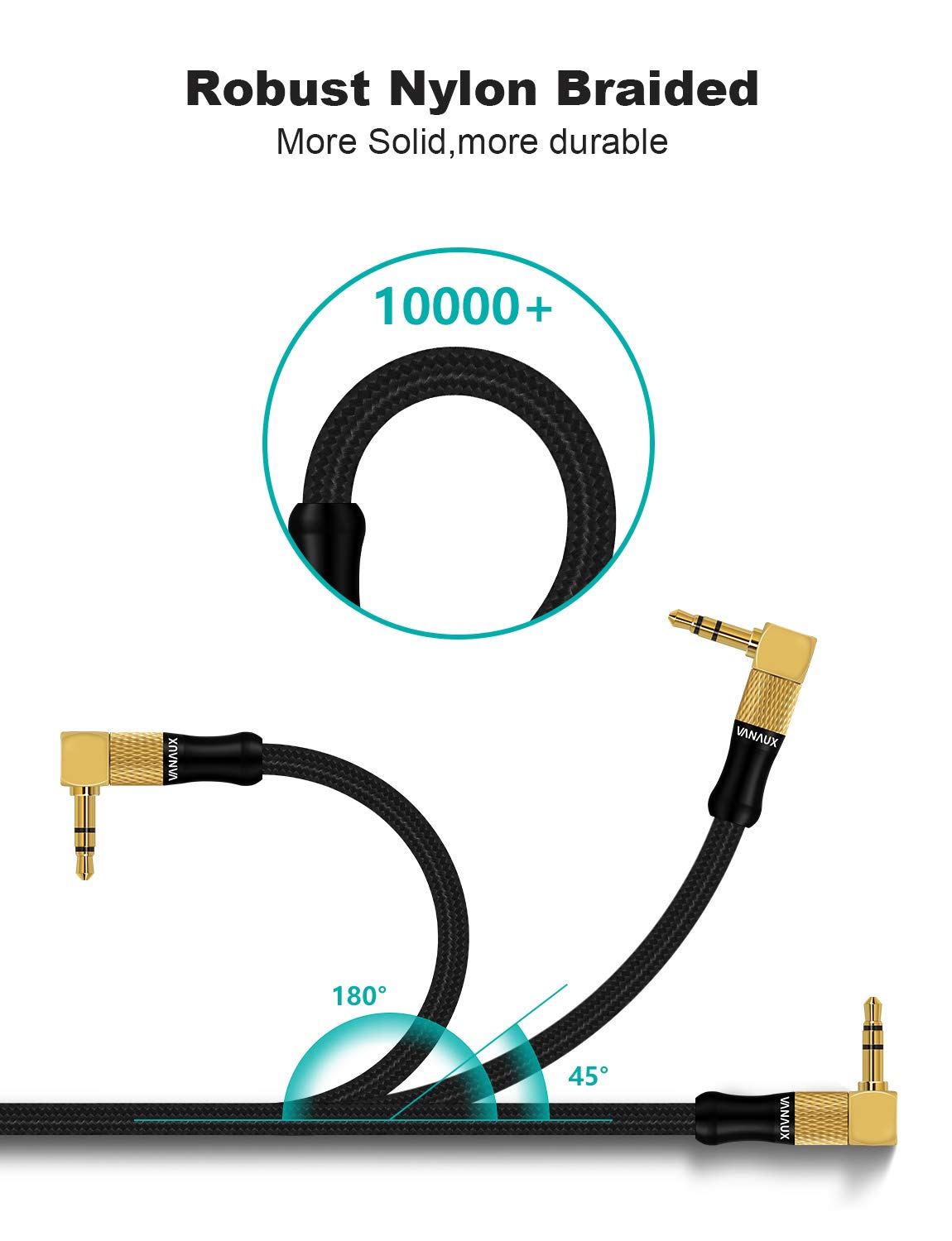 3.5mm Audio Cable， VANAUX 90 Degree Right Angle Auxiliary Cable Stereo Aux Jack to Jack Cord Compatible for Mp3 Player, Car Stereos, Smartphone, Speakers, Headphone and More(6.6ft/2m)