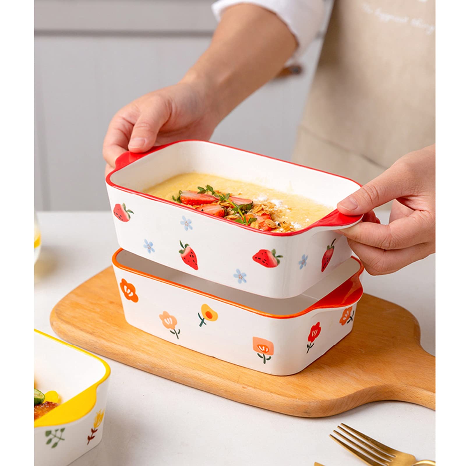 Fuente para Hornear Cerámica de 2 piezas, conjunto de platos para hornear, plato de cazuela rectangular, sartenes para hornear, cacerolas lasañas profundas para cocinar cena de pastel, cocina, 9 pulga
