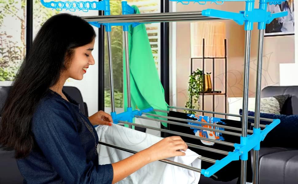 Image of SUNDRY Stainless Steel-Pro Folding Cloth Drying Stand, Drying Rack,Stand for Clothes Heavy Base (Sky Blue 3TD)