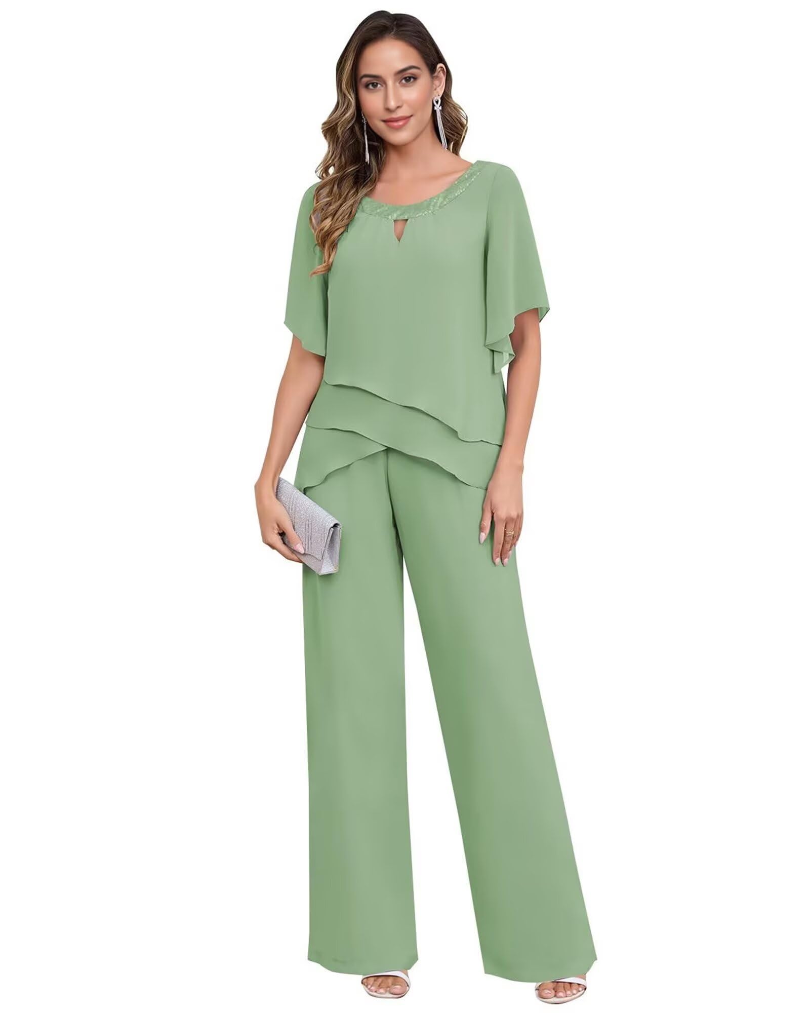 AKLASU 2 Pieces Mother of The Bride Pant Suits for Women Chiffon Half Sleeve Layered Ruffle Mother of