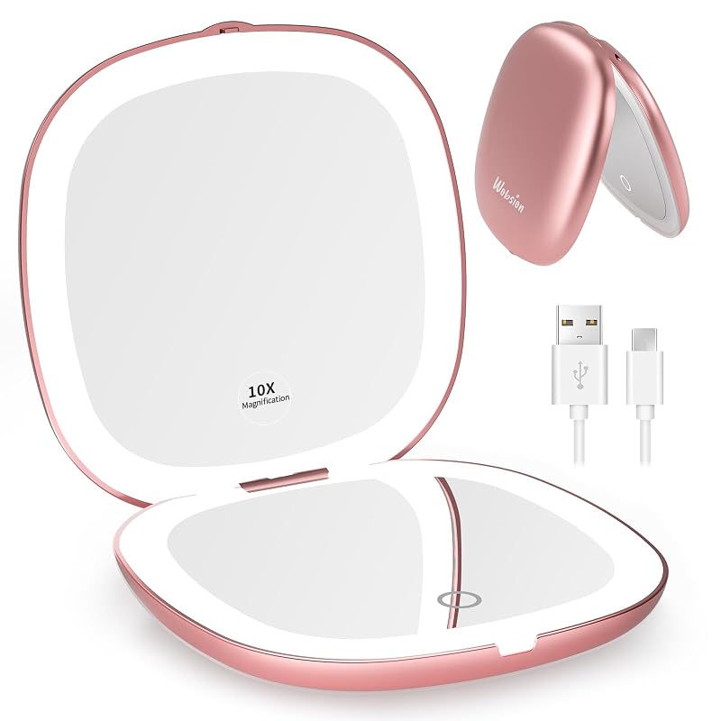 Espelho compacto de viagem WOBSION com iluminação, 1x/10x, recarregável, Rose Gold